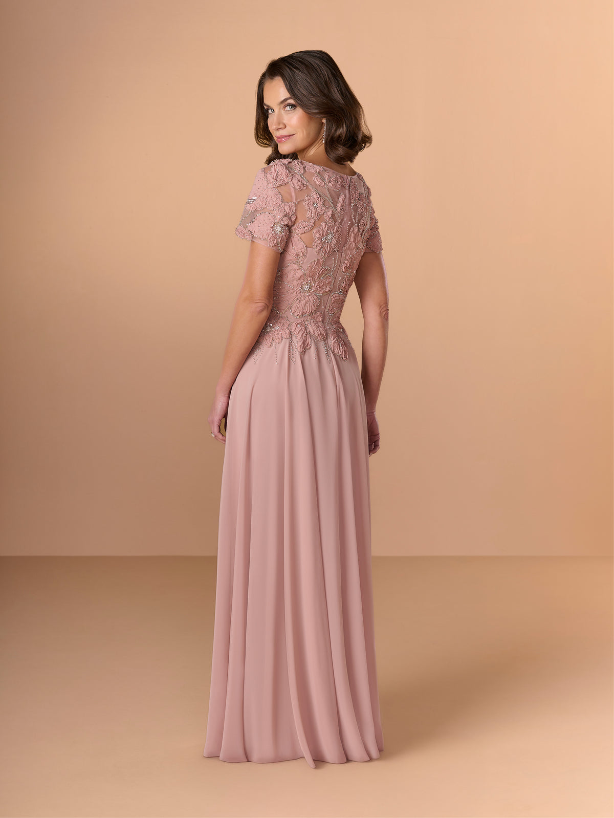 Woman wearing a long, light pink dress with lace detailing on a beige background / A-line chiffon style with bodice coved with beaded motifs, V-neck short semi sheer sleeves.