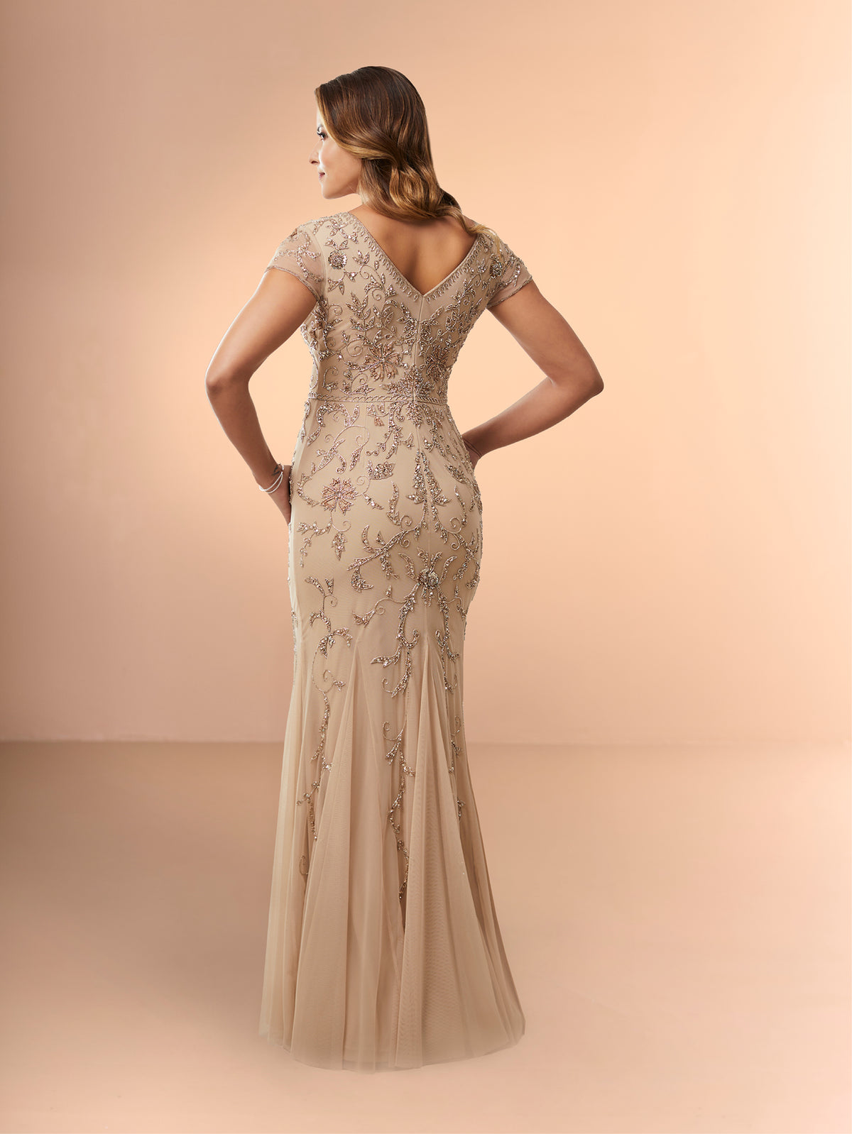 Woman wearing a long, elegant dress with floral lace details on a beige background / Slim long beaded style in soft mesh. V-neck and sheer short sleeves. Zipper back closure.