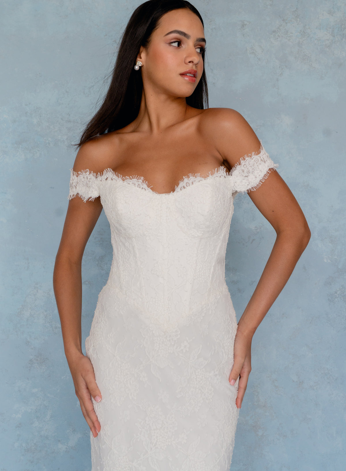 A woman modeling an off-the-shoulder white lace wedding dress against a textured light blue backdrop. / All over lace column gown with a dramatic matching overskirt.