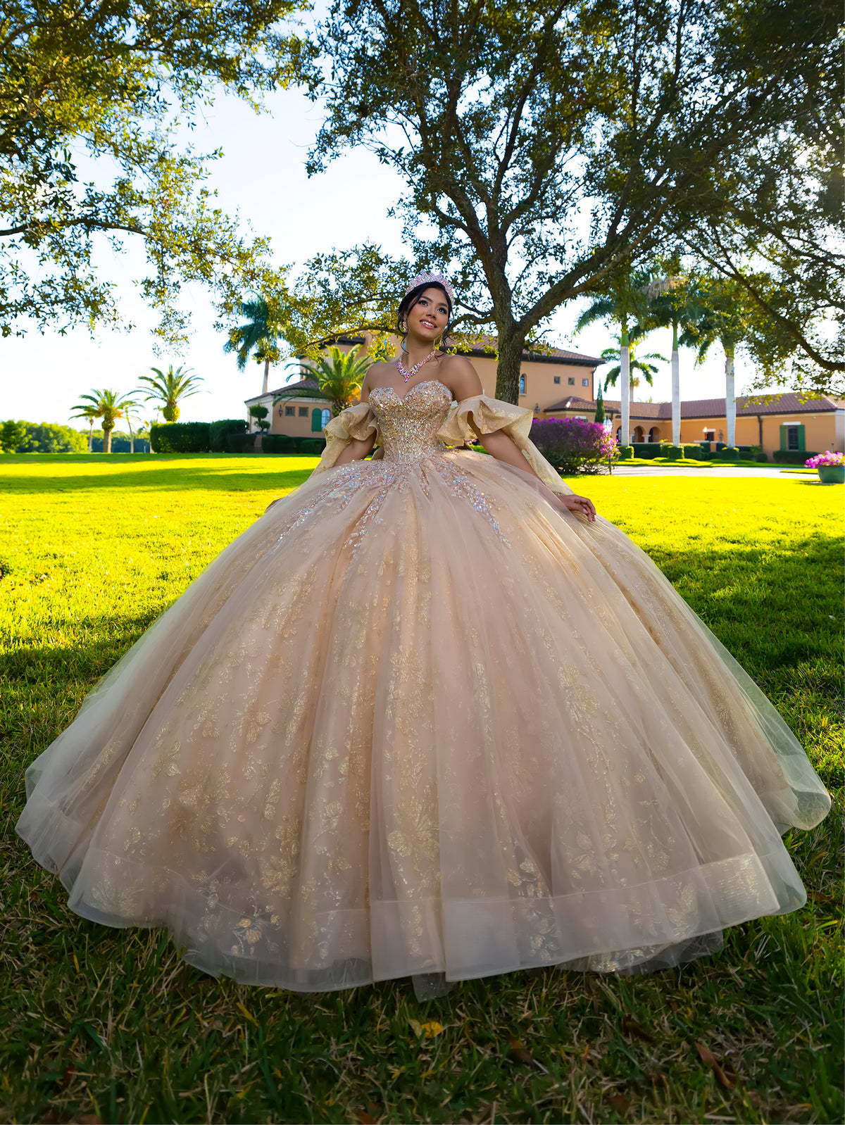 This ball gown features an embellished bodice, off-the-shoulder sleeves, and a full skirt with floral detailing. A large bow at the back completes the look.