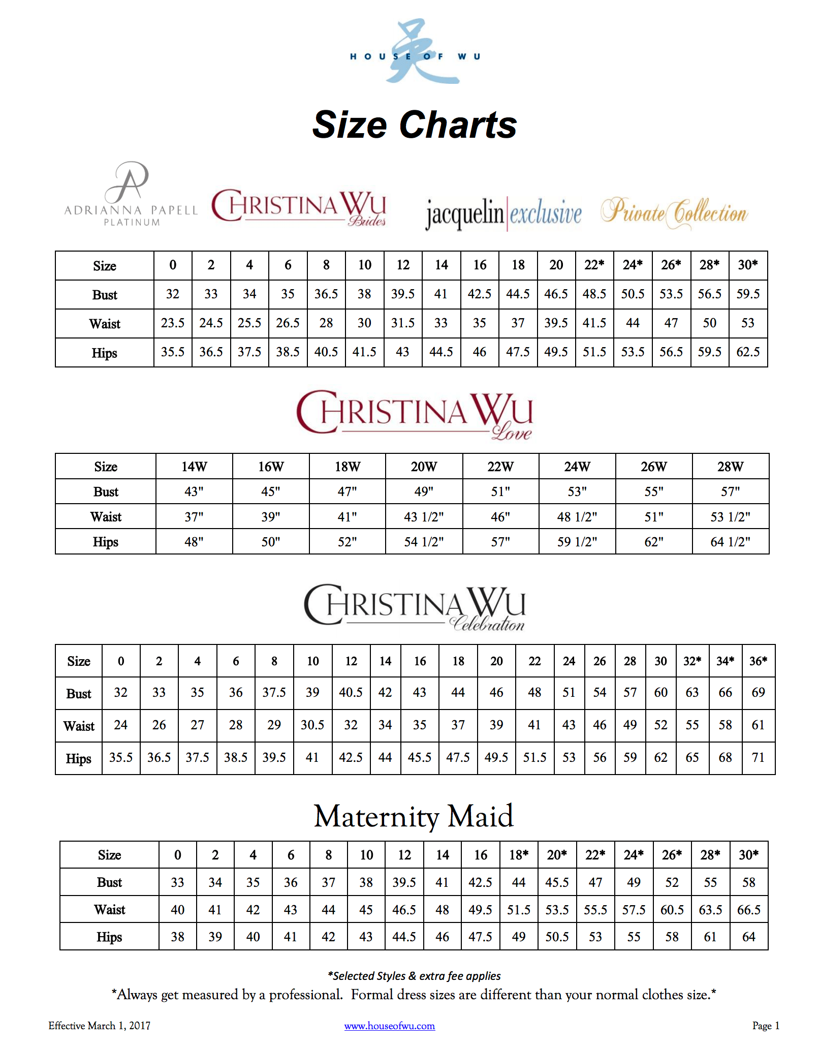 Papell Size Chart