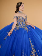 This ball gown features an ornate bodice with detailed embroidery and off-the-shoulder straps. The full tulle skirt is embellished with matching floral designs and finished with a dramatic bow and sweeping train.