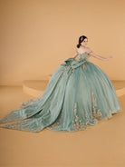This ball gown features an ornate bodice with detailed embroidery and off-the-shoulder straps. The full tulle skirt is embellished with matching floral designs and finished with a dramatic bow and sweeping train.
