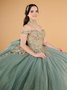 This ball gown features an ornate bodice with detailed embroidery and off-the-shoulder straps. The full tulle skirt is embellished with matching floral designs and finished with a dramatic bow and sweeping train.