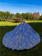 This ball gown features a detailed embroidered bodice and off-the-shoulder straps. The full, dramatic skirt is adorned with shimmering floral patterns and finishes with a large bow and flowing train.