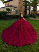 This ball gown features a richly embroidered bodice with off-the-shoulder straps. The full, voluminous skirt is decorated with shimmering floral detailing and flows into an elegant train accented with a bow at the back.