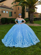 This ball gown features a richly embroidered bodice with off-the-shoulder straps. The full, voluminous skirt is decorated with shimmering floral detailing and flows into an elegant train accented with a bow at the back.