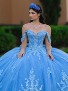 This ball gown features a richly embroidered bodice with off-the-shoulder straps. The full, voluminous skirt is decorated with shimmering floral detailing and flows into an elegant train accented with a bow at the back.
