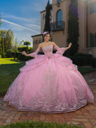 This ball gown features a fitted, embroidered bodice with off-the-shoulder sleeves. The full layered skirt includes cascading floral details and is finished with a dramatic bow and long, flowing train.