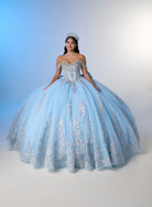 A woman wearing a voluminous light blue ball gown with silver floral embroidery and a tiara, posed against a blue-to-white studio backdrop. / Enchanting ball gown with sparkling embroidery, an off-shoulder neckline, and a voluminous skirt finished with a dramatic oversized bow at the back.