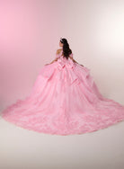 A woman wearing a voluminous light pink ball gown with a large bow at the back, photographed against a soft pink and white studio backdrop. / Elegant ball gown featuring a beaded off-shoulder bodice, cascading ruffle details, intricate embellishments, and a dramatic oversized bow with a sweeping train.