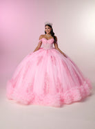 A woman wearing a voluminous pink ball gown with a fitted lace bodice, off-the-shoulder straps, and a matching pink tiara, posed against a soft pink studio backdrop. / Glamorous off-shoulder ball gown with sparkling embellishments, a fitted corset bodice, a voluminous skirt, and a dramatic ruffled hem for a grand princess-inspired look.