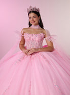 A young woman wearing a pink off-the-shoulder quinceañera ball gown with a sparkling corset bodice, sheer flutter sleeves, and a voluminous tulle skirt, styled with a matching tiara and pearl choker against a soft pink studio background. / Dreamy off-shoulder ball gown featuring delicate sparkling appliqués, a structured corset bodice, a voluminous tulle skirt, and an oversized statement bow at the back.