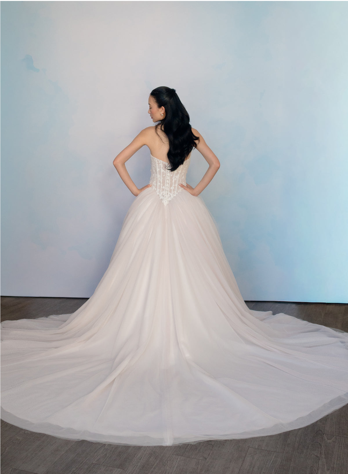 A woman stands with her back to the camera wearing a strapless white wedding gown with a fitted lace corset-style bodice and a very full tulle train on a gray floor against a pale blue studio backdrop. / Semi sheer Basque waist bodice with lace appliques and dramatic tulle skirt.