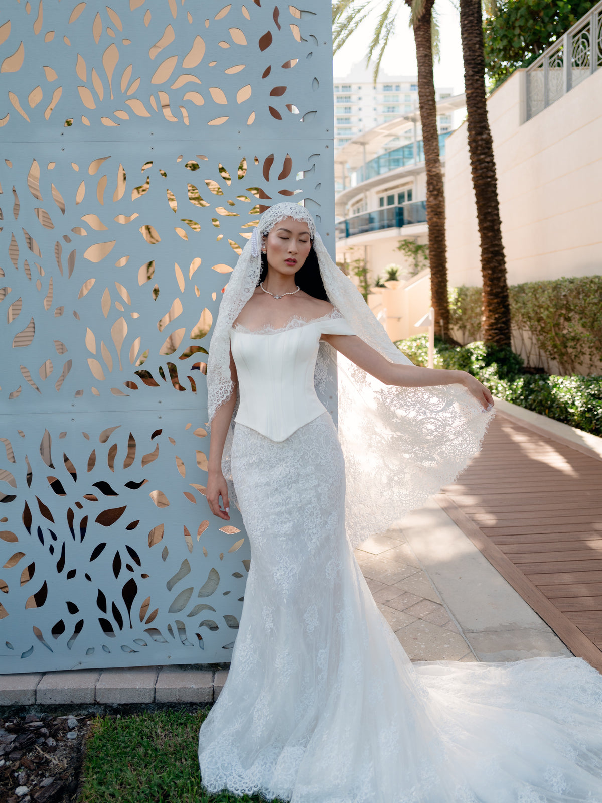 Slim style mock 2 piece with satin bodice and semi-sheer lace skirt. Scooped neckline with off-shoulder straps decorated with delicate lace scallop edge, invisible zipper back closure.
