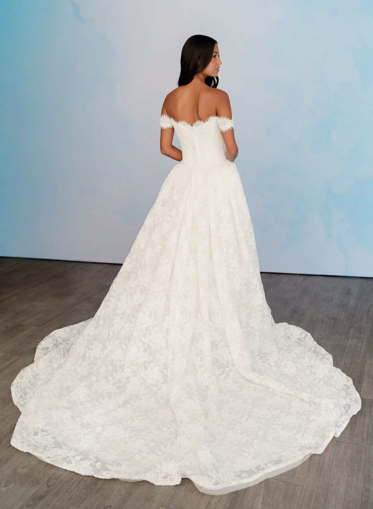 An off-the-shoulder white lace wedding gown with a full skirt and long train, shown from the back on a model against a light blue studio backdrop. / All over lace column gown with a dramatic matching overskirt.