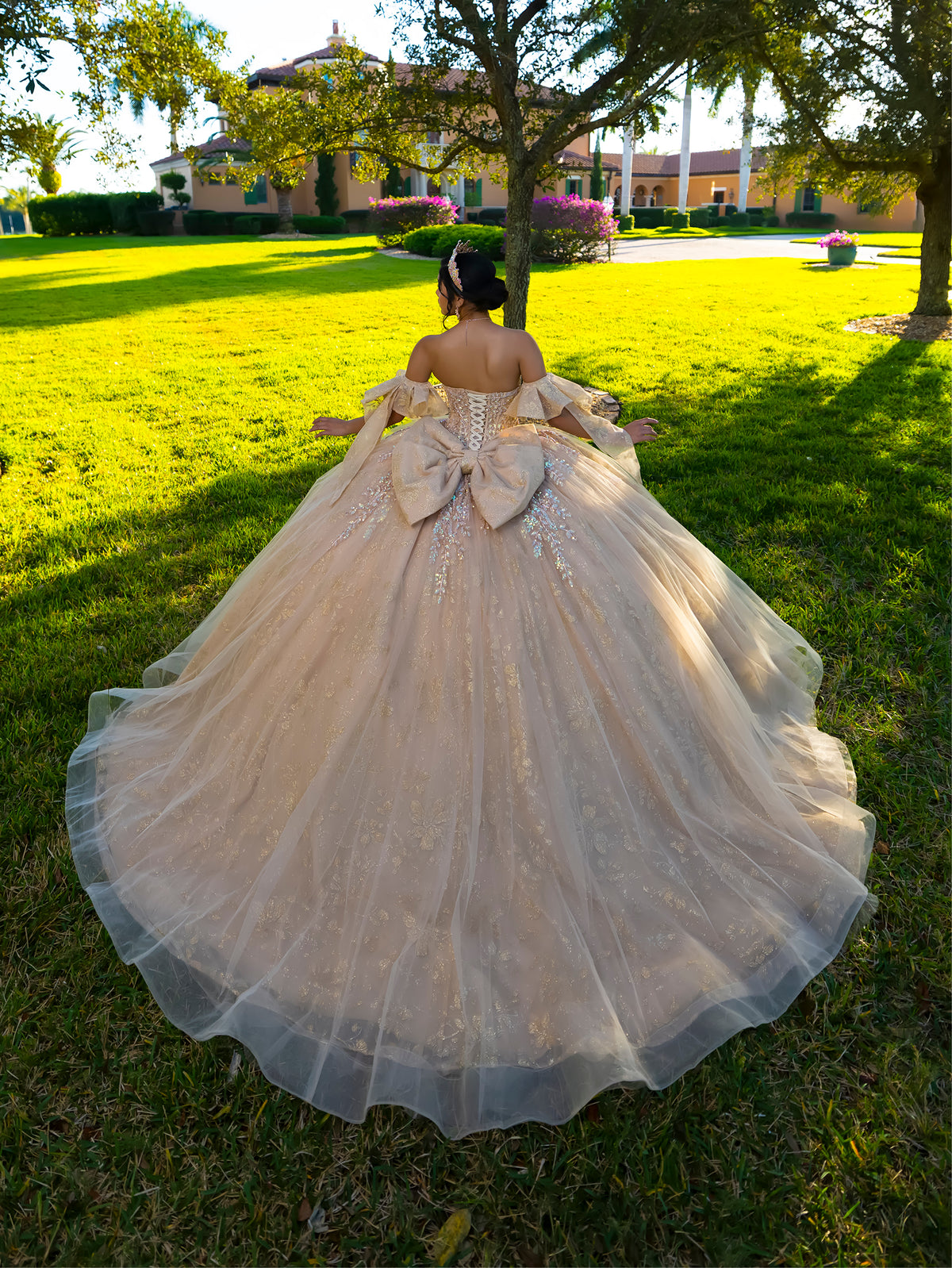 This ball gown features an embellished bodice, off-the-shoulder sleeves, and a full skirt with floral detailing. A large bow at the back completes the look.
