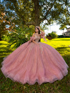 A woman wearing a voluminous pink quinceañera ball gown stands outdoors on grass beneath a large tree. The dress has a fitted embellished bodice, sheer sleeves, and a very full layered tulle skirt. / This ball gown features an embellished bodice, off-the-shoulder sleeves, and a full skirt with floral detailing. A large bow at the back completes the look.