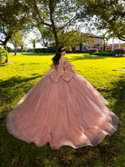This ball gown features an embellished bodice, off-the-shoulder sleeves, and a full skirt with floral detailing. A large bow at the back completes the look.