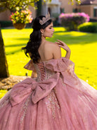 This ball gown features an embellished bodice, off-the-shoulder sleeves, and a full skirt with floral detailing. A large bow at the back completes the look.