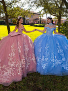 Two young women in off-the-shoulder ball gowns holding hands outdoors on a grassy lawn. One dress is dusty pink with white floral embroidery, and the other is sky blue with white floral embroidery. / This ball gown features an embellished bodice, off-the-shoulder sleeves, and a full skirt covered in detailed floral appliqué. The back is finished with a large decorative bow.