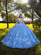 Woman in a blue floral gown standing outdoors with trees and a house in the background / This ball gown features an embellished bodice, off-the-shoulder sleeves, and a full skirt covered in detailed floral appliqué. The back is finished with a large decorative bow.
