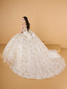 A woman modeling a strapless ball gown with a voluminous floral lace skirt and long draped sleeves, photographed against a warm beige studio backdrop. / This ball gown features an embellished off-the-shoulder bodice, and a full skirt accented with detailed floral designs, finished with matching appliqué on the back.