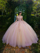 A woman wearing a voluminous light pink ball gown with off-the-shoulder straps, a beaded bodice, and a full tulle skirt stands outdoors in front of a leafy garden arch on a brick path. / This ball gown features an embellished bodice with off-the-shoulder sleeves and a full tulle skirt adorned with delicate floral appliqué. A large bow accents the back.