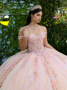 A woman wearing an elaborate off-the-shoulder quinceañera ball gown in pale blush pink with intricate floral embroidery and sequins, accessorized with a jeweled crown and necklace, posed outdoors against a green garden background. / This ball gown features an embellished bodice with off-the-shoulder sleeves and a full tulle skirt adorned with delicate floral appliqué. A large bow accents the back.