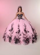 A young woman wearing a strapless pink ball gown with black floral lace applique and a tiara, posed against a soft pink studio backdrop. / A strapless ball gown with a lace-up bodice and a voluminous tulle skirt featuring floral embroidery and a large back bow.