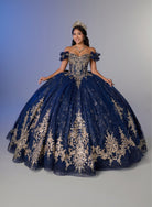 A young woman modeling an elaborate off-the-shoulder ball gown in deep navy blue with extensive gold embroidery, a matching crown, and a voluminous skirt, posed against a studio backdrop with a blue-to-gray gradient. / An off-the-shoulder ball gown with ruffled cap sleeves, a heavily embroidered metallic bodice, and a voluminous glitter-tulle skirt adorned with intricate baroque-style appliques and a matching oversized back bow.