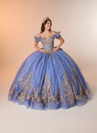 A woman modeling an off-the-shoulder blue quinceañera ball gown with gold floral embroidery and a matching gold crown, posed against a warm beige studio backdrop. / An off-the-shoulder ball gown with ruffled cap sleeves, a heavily embroidered metallic bodice, and a voluminous glitter-tulle skirt adorned with intricate baroque-style appliques and a matching oversized back bow.