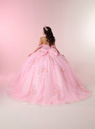 A young woman viewed from behind wearing a voluminous light pink ball gown with floral embroidery and a large bow at the back, posed against a soft pink studio backdrop. / An off-shoulder ball gown with a lace-up back, decorative bow, and floral embellishments on a full, layered skirt.