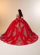 A red off-the-shoulder ball gown with intricate gold embroidery, modeled from behind to show the large bow at the back of the bodice and the voluminous train against a plain beige studio background. / Elegant off-shoulder ball gown featuring intricate embroidered detailing, a structured bodice, and a voluminous skirt with a dramatic statement bow at the back.