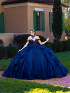 Woman in a blue ball gown standing in front of a building with green shutters. / This gown features a fitted, embellished bodice with off-the-shoulder straps and a full layered ball-gown skirt. Intricate appliqués decorate the skirt, while a large, sculpted bow and long ornate train complete the dramatic, regal design.
