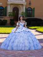 Woman in a blue floral dress standing in front of a house. / This gown features a full ball-gown skirt with delicate floral detailing and a fitted bodice with off-the-shoulder sleeves. A long, flowing train completes the elegant, fairytale look.