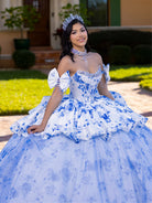 Woman in a blue and white floral dress with a tiara outdoors. / This gown features a full ball-gown skirt with delicate floral detailing and a fitted bodice with off-the-shoulder sleeves. A long, flowing train completes the elegant, fairytale look.