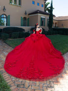 A woman wearing an elaborate bright red ball gown with a very large train stands outdoors in front of a beige house on a brick walkway. The dress has floral appliqué details and a fitted bodice. / This gown features an embellished off-the-shoulder bodice with delicate appliqué and a full tulle skirt decorated with floral embroidery. A structured accent at the waist and a long, ornate train complete the dramatic look.