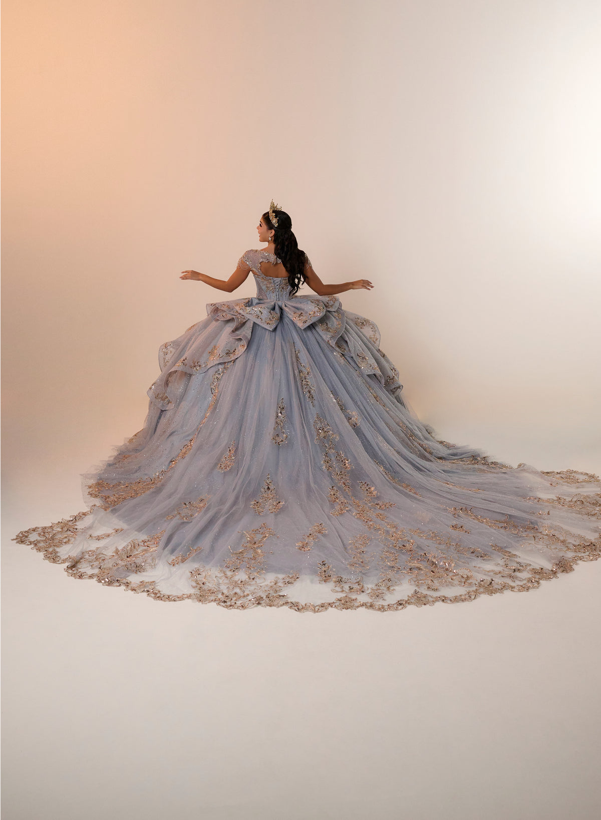 A model viewed from behind wearing a voluminous light blue ball gown with gold floral embroidery and a long train, set against a warm beige studio backdrop. / Regal ball gown featuring intricate embroidered appliqués, a structured bodice, dramatic layered overskirt details, and a sweeping cathedral-length train for a royal-inspired look.