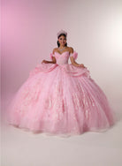 A woman wearing a voluminous light pink ball gown with off-the-shoulder puff sleeves, a fitted embellished bodice, and a full layered tulle skirt, posed against a soft pink-to-white studio backdrop. She is also wearing a tiara. / Princess-inspired ball gown featuring a sweetheart corset bodice, intricate floral appliqués, dramatic layered overskirt details, and a voluminous skirt with a statement bow at the back.