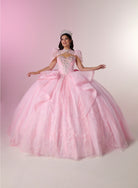 A woman wearing a voluminous light pink ball gown with a tiara, posing with her arms outstretched against a soft pink and beige studio background. / Fairytale ball gown featuring a crystal-embellished corset bodice, elegant cape sleeves, dramatic layered skirt details, and a voluminous silhouette finished with a statement bow and sweeping train.
