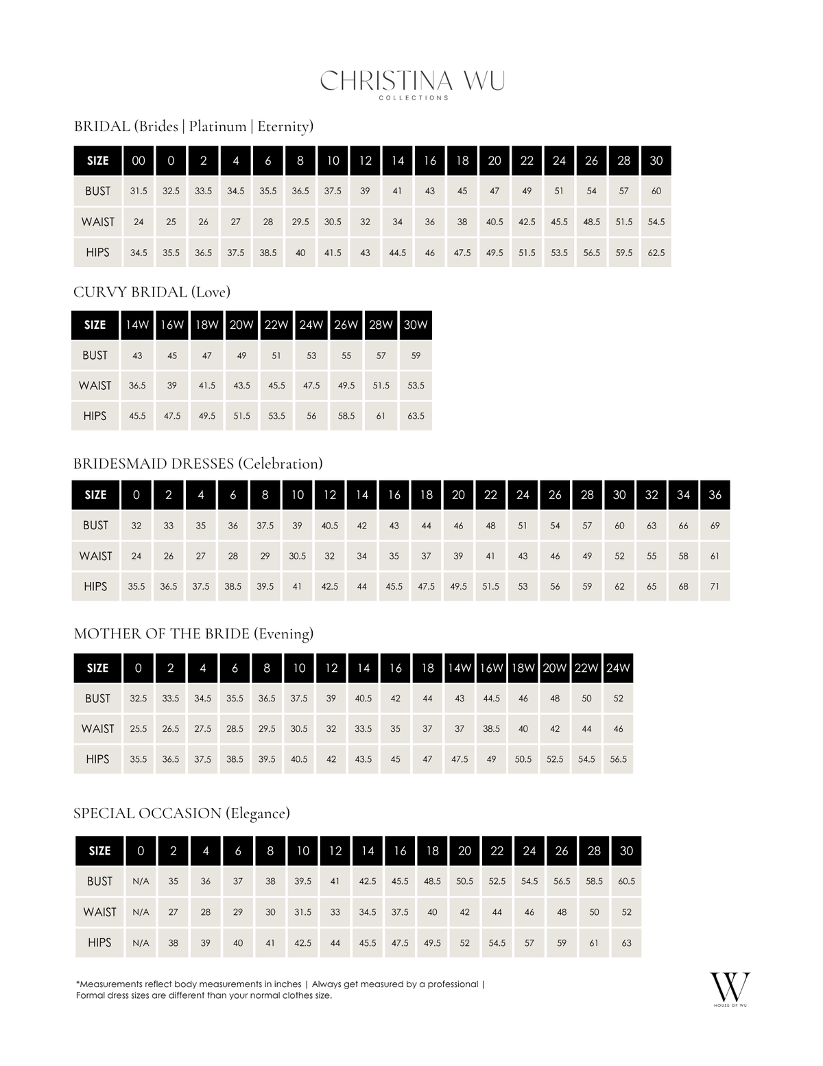 Christina Wu Size Guide
