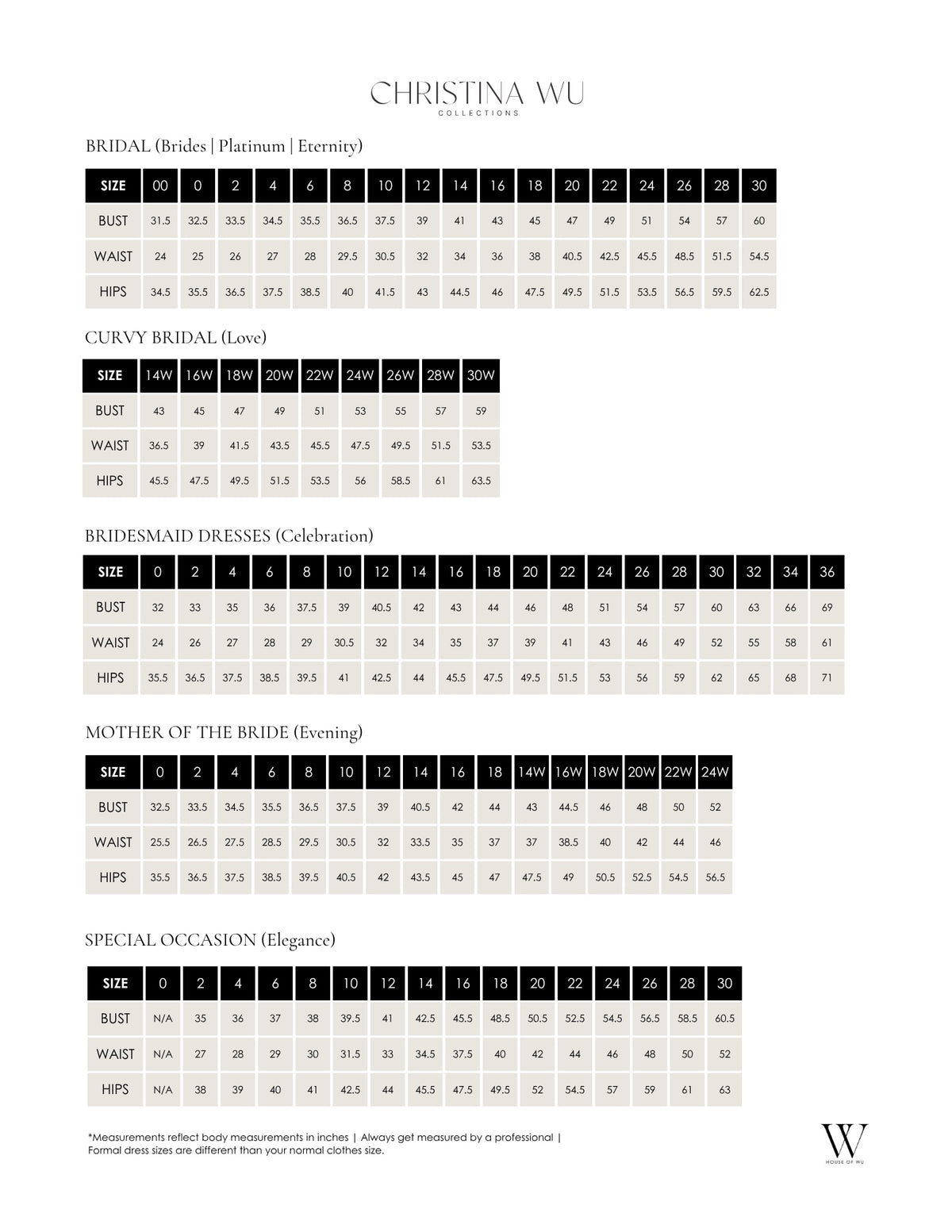 Christina Wu Size Guide